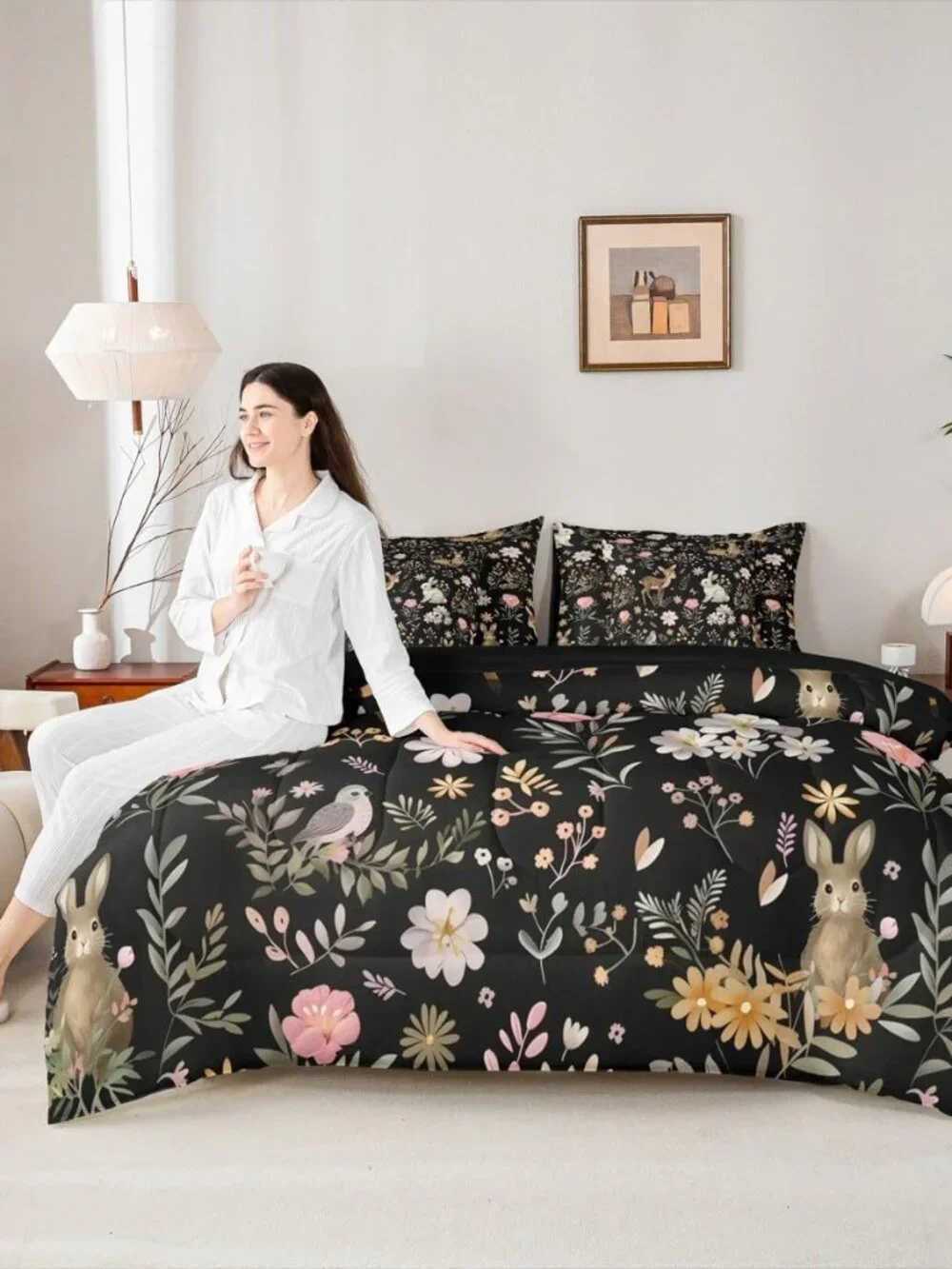 Cute Deer and Rabbit 7 Piece Bedding Set Floral Flower Comforter Set with Sheets